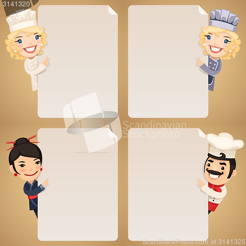 Image of Chefs Cartoon Characters Looking at Blank Poster Set