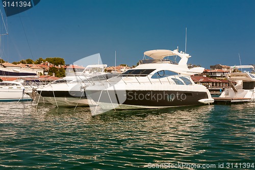 Image of Row of luxury motorised yachts moored in a sheltered harbour