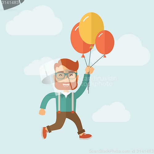 Image of Hipster flying in blue sky.