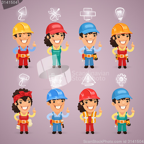 Image of Builders with Icons Set