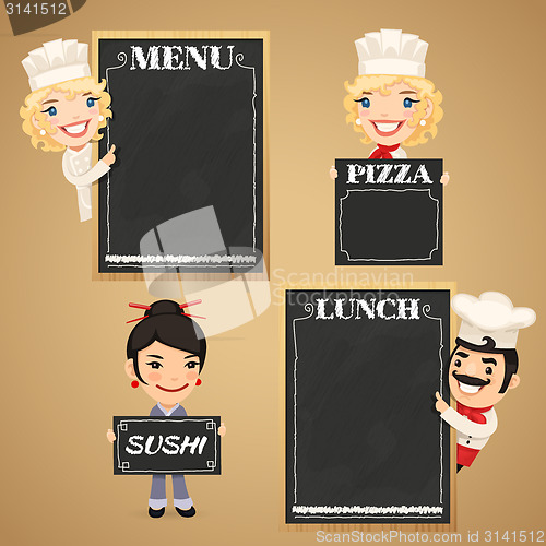 Image of Chefs Cartoon Characters with Chalkboard Menu