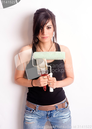 Image of Hip Pretty Woman Holding Painting Tools Brush Roller