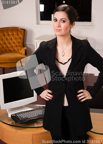 Image of Business Office Professional Woman Standing Lobby Desk Computer 