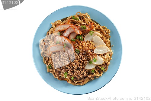 Image of Fried noodle with pork sliced, fish cake and minced pork 