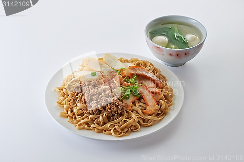 Image of Fried noodle with roast pork sliced fish cake minced pork and fi