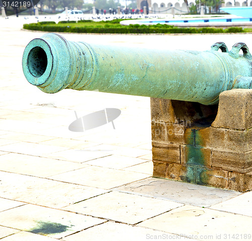 Image of bronze cannon in africa morocco  green  and the old pavement