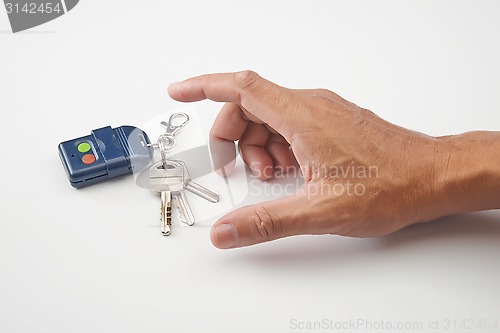 Image of A hand want to get remote control and keys