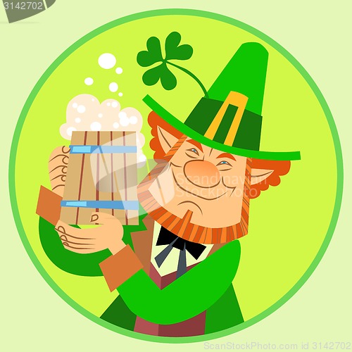 Image of Day Patrick green leprechaun with beer and Shamrock