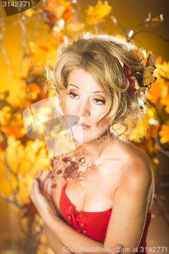 Image of Magic gold autumn blonde girl portrait in leafs