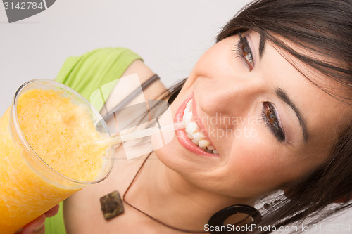 Image of Healthy Eating Woman Enjoys Raw Food Fresh Green Salad