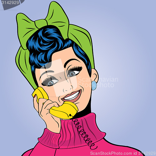 Image of pop art cute retro woman in comics style talking on the phone