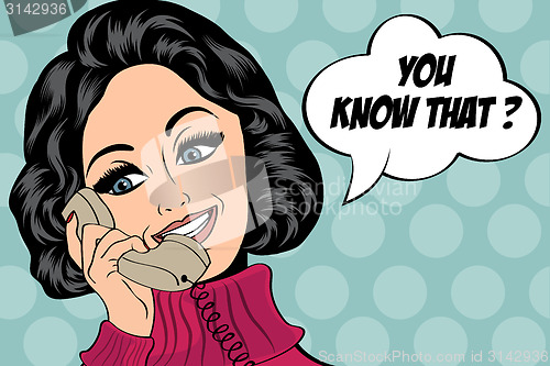 Image of pop art cute retro woman in comics style talking on the phone