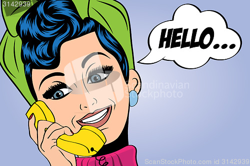 Image of pop art cute retro woman in comics style talking on the phone