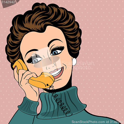 Image of pop art cute retro woman in comics style talking on the phone