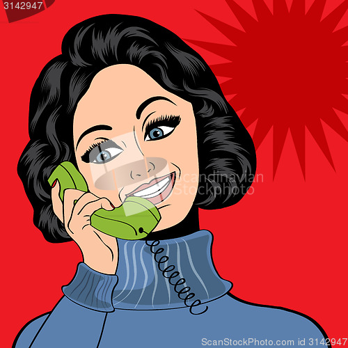 Image of pop art cute retro woman in comics style talking on the phone