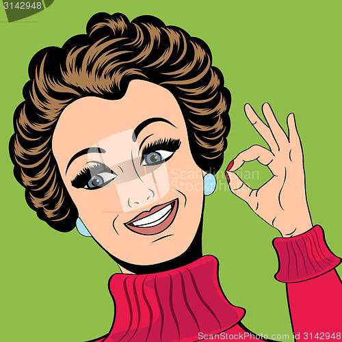 Image of pop art cute retro woman in comics style making OK sign