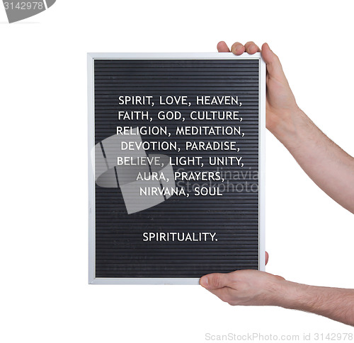 Image of Spirituality concept in plastic letters on very old menu board