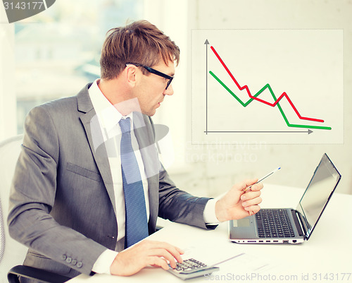 Image of businessman with computer, papers and calculator