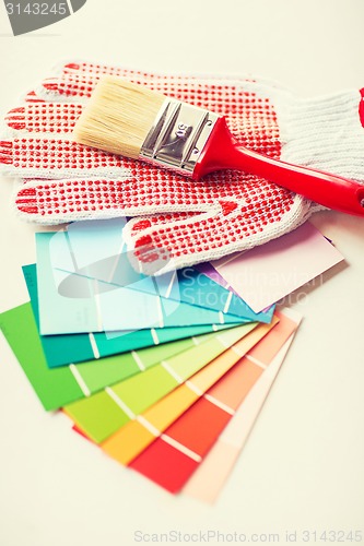 Image of paintbrush, gloves and pantone samplers