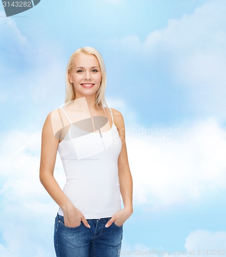 Image of smiling woman in blank white t-shirt