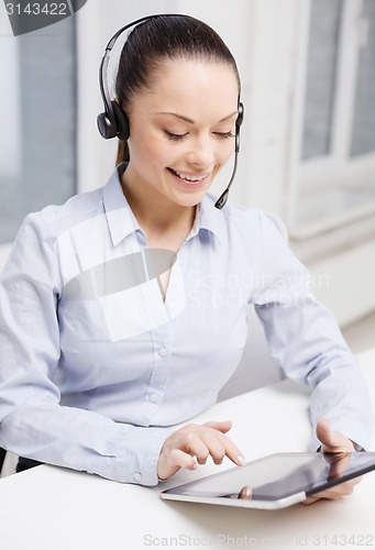Image of friendly female helpline operator with tablet pc