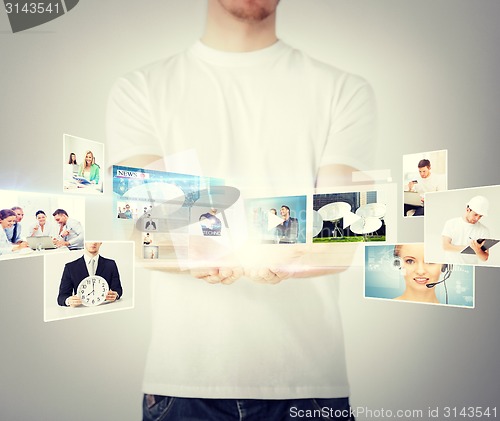 Image of man hands with virtual screens