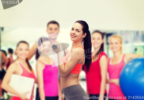 Image of young sporty woman with light dumbbells