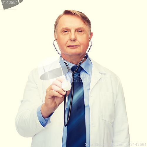 Image of smiling doctor or professor with stethoscope