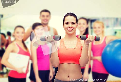 Image of young sporty woman with light dumbbells