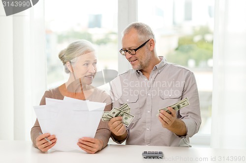 Image of senior couple with money and calculator at home