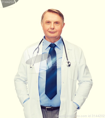 Image of smiling doctor or professor with stethoscope