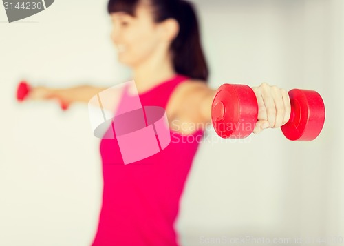 Image of sporty woman hands with light red dumbbells