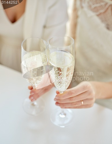 Image of close up of lesbian couple with champagne glasses