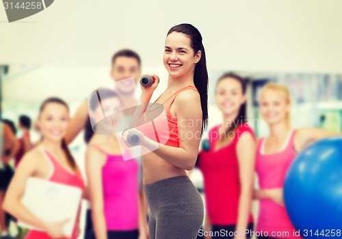 Image of young sporty woman with light dumbbells