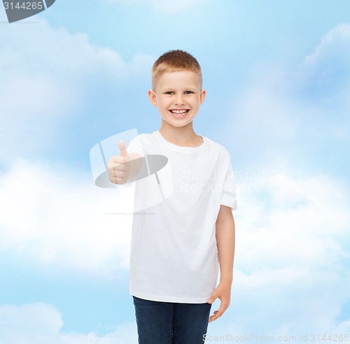 Image of smiling little boy in white blank t-shirt