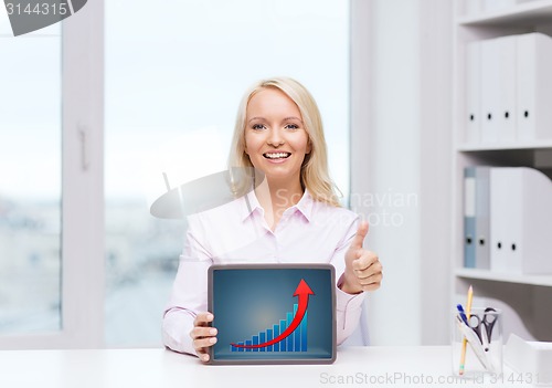 Image of smiling businesswoman or student with tablet pc