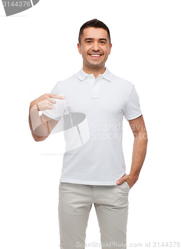 Image of smiling man in t-shirt pointing finger on himself