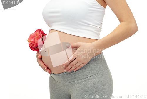 Image of close up of pregnant woman touching her bare tummy