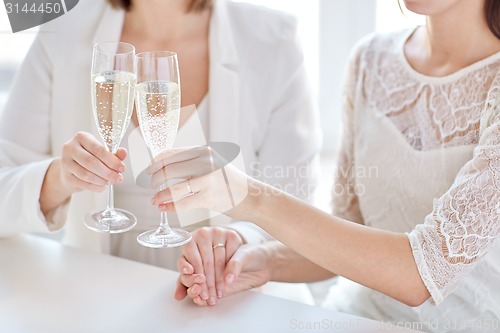 Image of close up of lesbian couple with champagne glasses