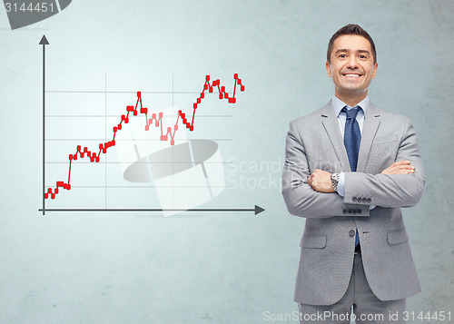 Image of happy smiling businessman in suit with forex chart