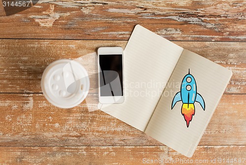 Image of close up of notebook, coffee cup and smartphone