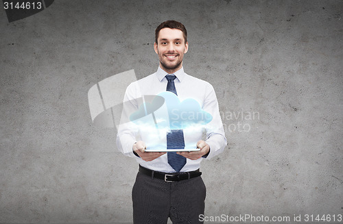 Image of young businesswoman with tablet pc