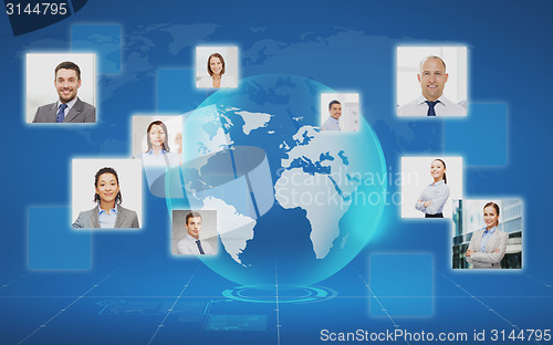 Image of pictures of businesspeople over world map