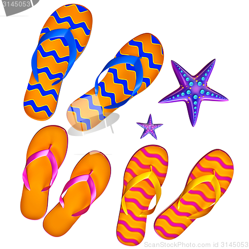 Image of Set of shoes flip-flops with two starfish