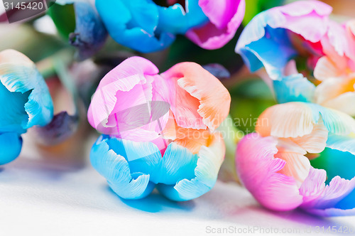 Image of Bouquet  of strange multicolored tulips