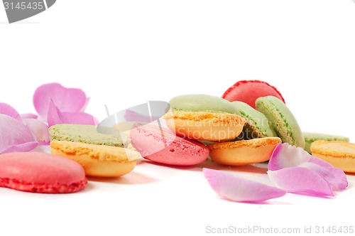 Image of Pink rose petals and macaron cookies