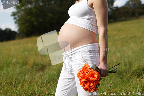 Image of Pregnant woman outdoor with orange tulips in her hands