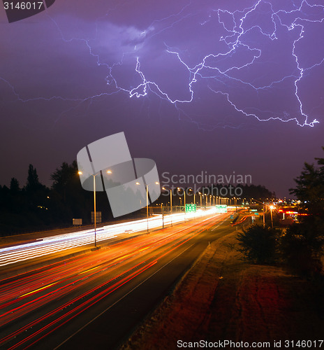 Image of Thunderstorm Lightning Srikes Over Tacoma Washington I-5 Highway