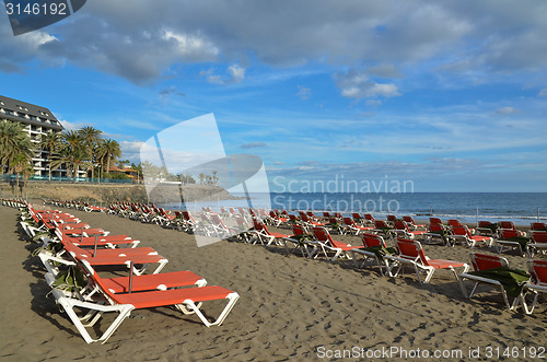 Image of Empty sunbeds at the beach at Gran Canaria