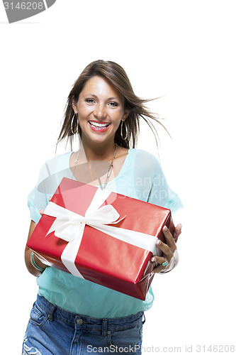 Image of Happy Woman Holding Red Gift Box